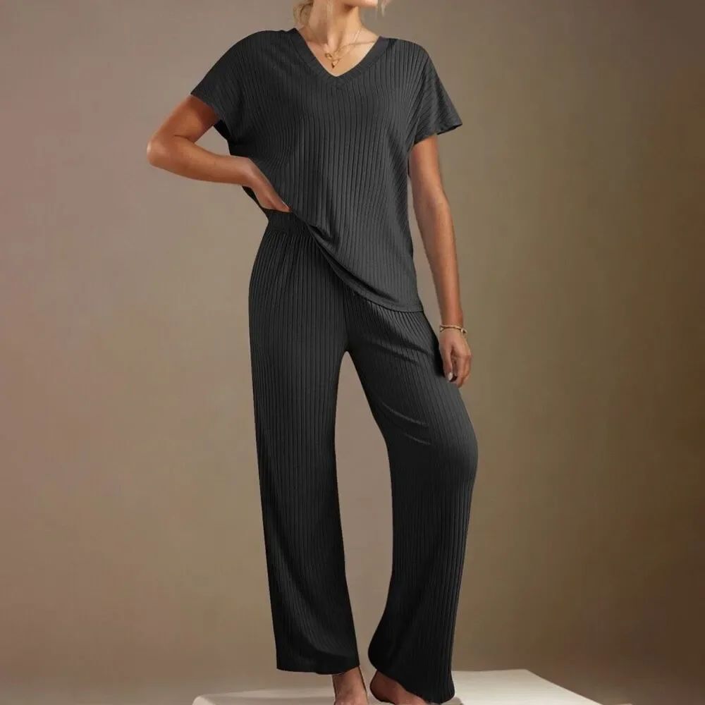 Women’s Black Ribbed Short Sleeve Lounge Set Sz Large